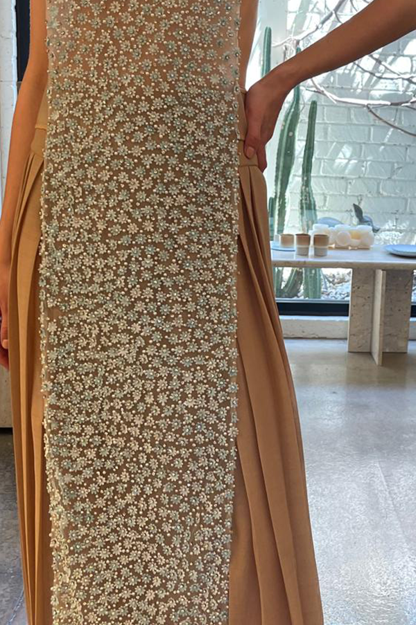 Beaded Apron Dress in Nude  Des Kohan