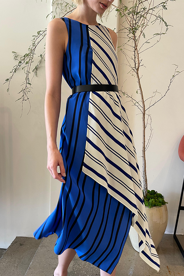 Danuwa Layered Sleeveless Dress in Blue Vanilla Marrone Stripes – Des Kohan