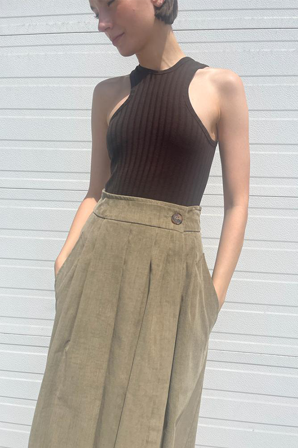 Long Corduroy Skirt in Khaki Des Kohan