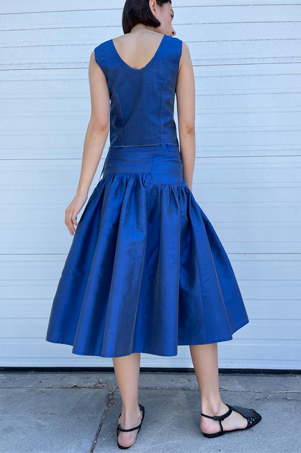 Thai silk garden skirt with slit in blue Chelsea Mak 