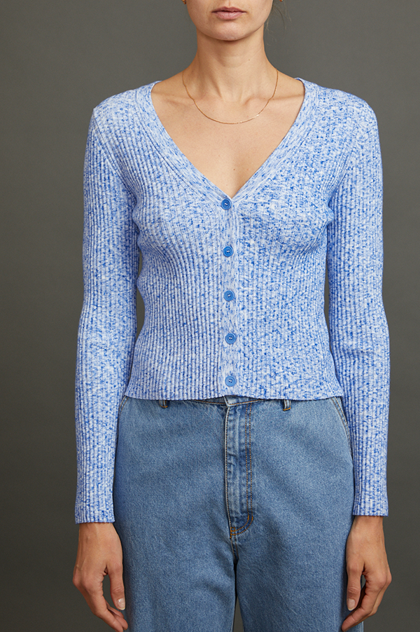 Kardi Rib Knit Cardigan in Blue Melange – Des Kohan
