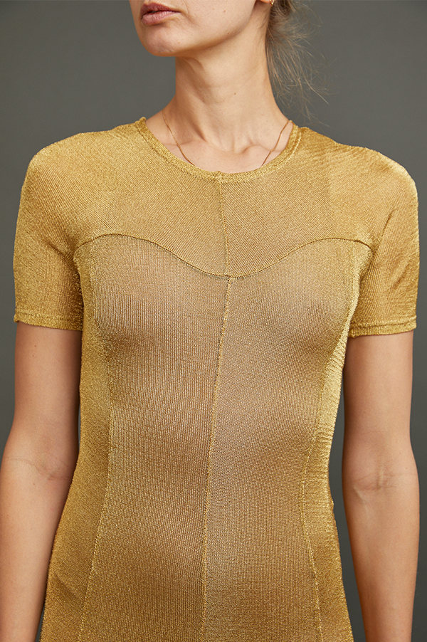 Metallic Gold Sunrise Sparkle Knit Dress Des Kohan Metallic Gold Sunrise Sparkle Knit Dress Des Kohan