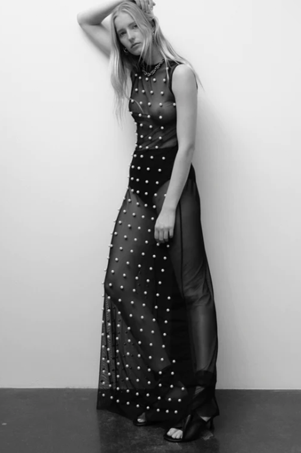 Pearl Embellished Dress in Black Des Kohan Pearl Embellished Dress in Black Des Kohan
