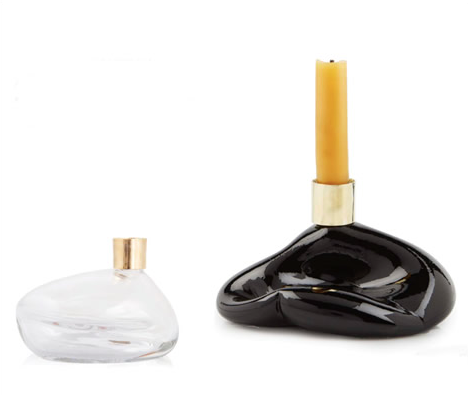 Black Individually Shaped Glass Candlestick Holder with Bronze Fittings
