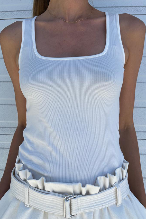 White Vintage Ribbed Square Neck Tank Des Kohan
