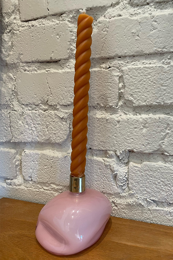 Aesa Pink glass + Bronze Candlestick