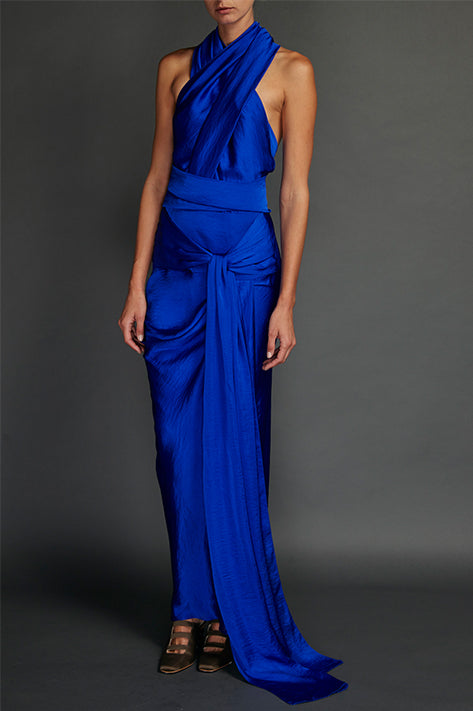 Juan Carlos Obando Blue Washed Satin Draped Halter Dress Des Kohan Juan Carlos Obando Blue Washed Satin Draped Halter Dress Des Kohan
