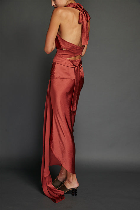 Juan Carlos Obando Brick Washed Satin Draped Halter Dress Des Kohan Juan Carlos Obando Brick Washed Satin Draped Halter Dress Des Kohan