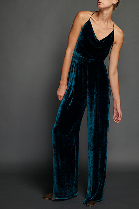 Teal Vintage Velvet Cowl Neck Jumpsuit