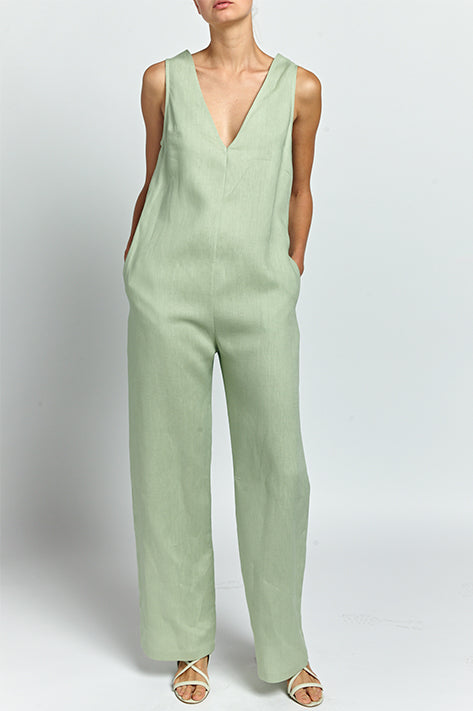 V neck linen jumpsuit outlet
