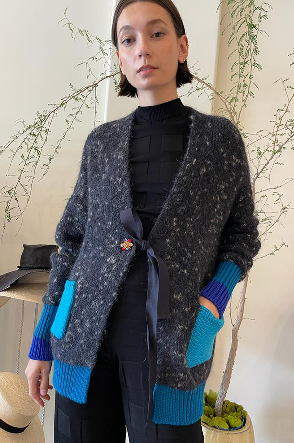 Odeeh Color Block Patch Cardigan in Brick Earth