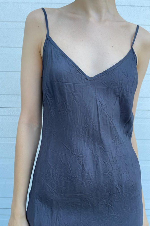 Calf length slip dress in charcoal cotton organic by john patrick