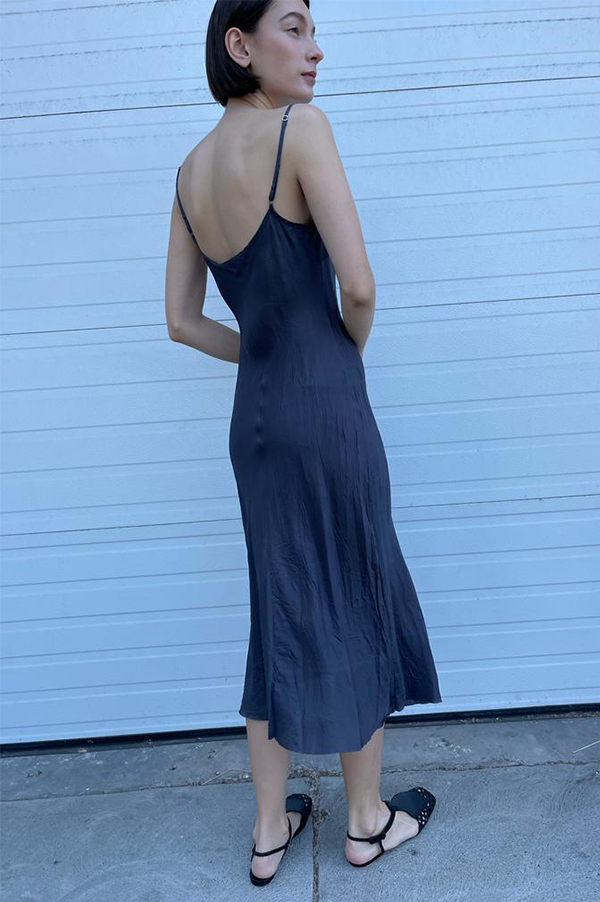 Calf length slip dress in charcoal cotton organic by john patrick