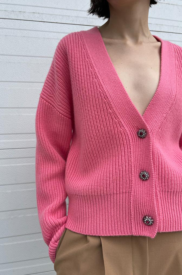 Odeeh Crystal Buttons Cardigan in Candy Pink