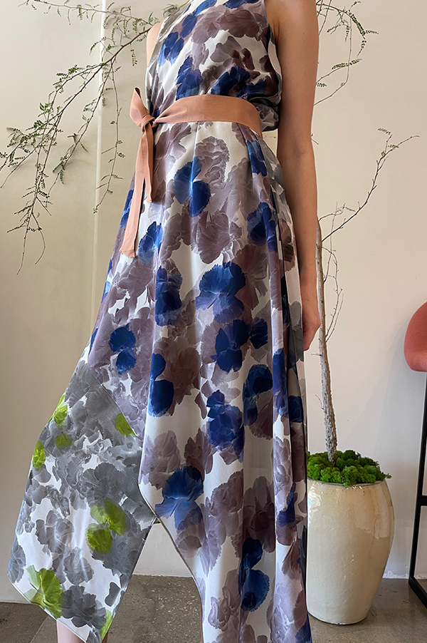 Danuwa Layered Sleeveless Dress in Yellow Blue Brown Hibiscus