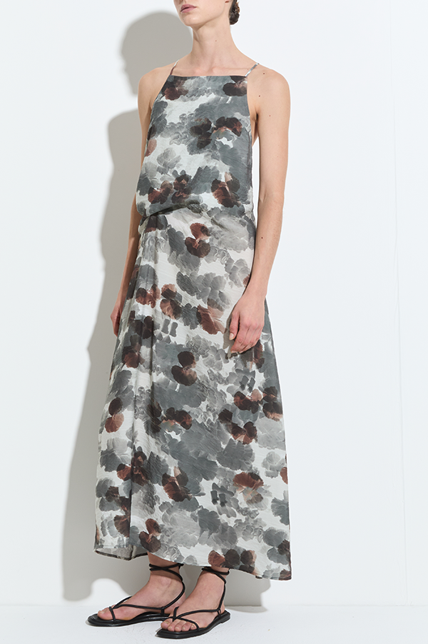 Duma Spaghetti Shoulder Strap Dress in Grey Brown Hibiscus