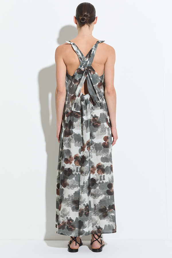 Duma Spaghetti Shoulder Strap Dress in Grey Brown Hibiscus