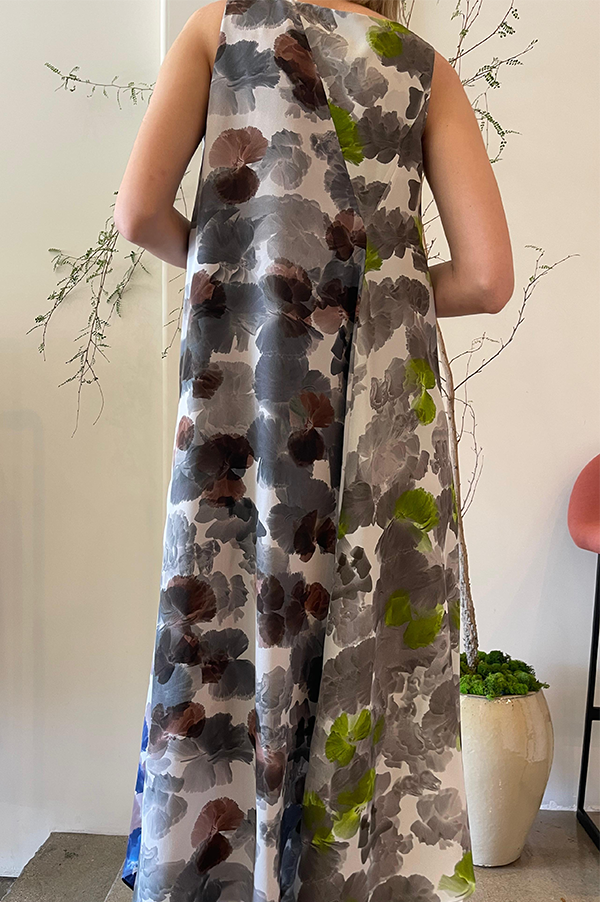Danuwa Layered Sleeveless Dress in Yellow Blue Brown Hibiscus