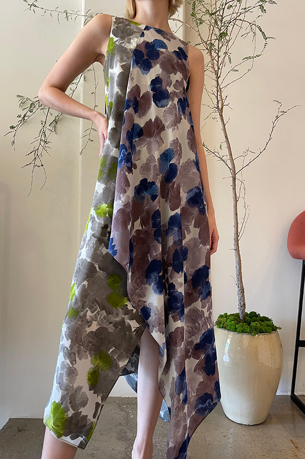 Danuwa Layered Sleeveless Dress in Yellow Blue Brown Hibiscus