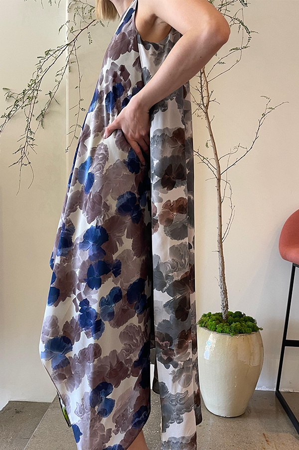 Danuwa Layered Sleeveless Dress in Yellow Blue Brown Hibiscus