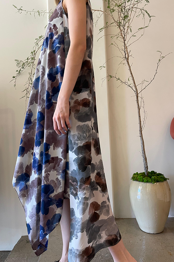Danuwa Layered Sleeveless Dress in Yellow Blue Brown Hibiscus
