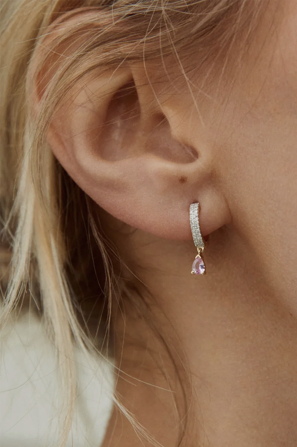 Eriness Diamond Huggies with Pink Sapphire Tear Drop