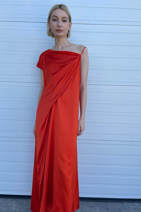 Christian Wijnants Damila Draped One Shoulder Dress in Fire red