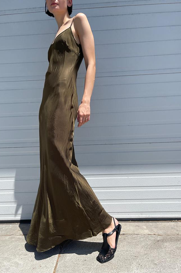 Floor-Length Bias Ankle Slip in Olive