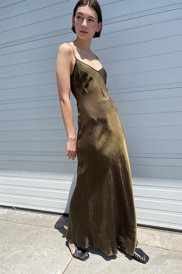 Floor-Length Bias Ankle Slip in Olive