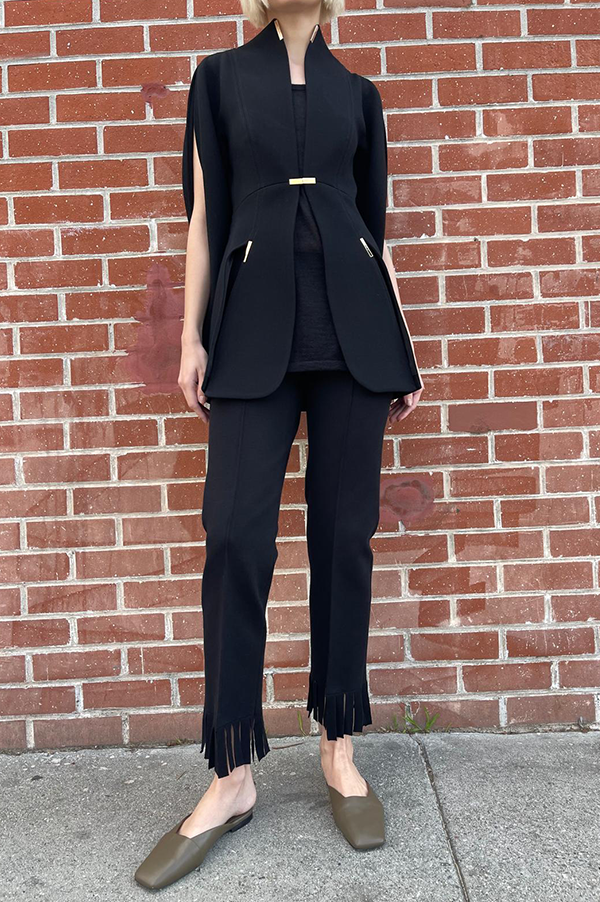 High Sport Fringed Louis Pant. High Sport Black Pant. High Sport Noir Pant. High Sport Soft knit in Italian cotton. High Sport Knit in Italy. Cousin to the classic High Spot Kick Pant. High Sport Pull-on pant. High Sport Slender fit. Black High Sport Fringe detail at ankle. High Sport Subtle Jacquard Print. 
High Sport Versatile Excellent fit Day to Night Exceptional quality Timeless. Made in Italy. Designed in Los Angeles. High Sport Los Angeles. Des Kohan Boutique High Sport. High Sport West Hollywood. 