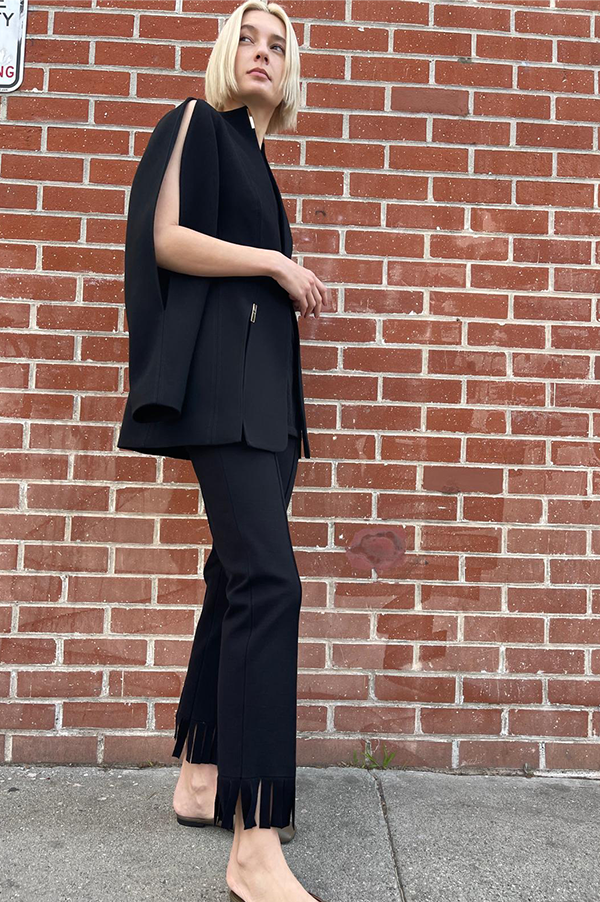 High Sport Fringed Louis Pant. High Sport Black Pant. High Sport Noir Pant. High Sport Soft knit in Italian cotton. High Sport Knit in Italy. Cousin to the classic High Spot Kick Pant. High Sport Pull-on pant. High Sport Slender fit. Black High Sport Fringe detail at ankle. High Sport Subtle Jacquard Print. 
High Sport Versatile Excellent fit Day to Night Exceptional quality Timeless. Made in Italy. Designed in Los Angeles. High Sport Los Angeles. Des Kohan Boutique High Sport. High Sport West Hollywood. 