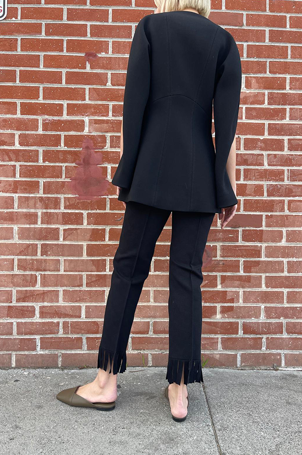 High Sport Fringed Louis Pant. High Sport Black Pant. High Sport Noir Pant. High Sport Soft knit in Italian cotton. High Sport Knit in Italy. Cousin to the classic High Spot Kick Pant. High Sport Pull-on pant. High Sport Slender fit. Black High Sport Fringe detail at ankle. High Sport Subtle Jacquard Print. 
High Sport Versatile Excellent fit Day to Night Exceptional quality Timeless. Made in Italy. Designed in Los Angeles. High Sport Los Angeles. Des Kohan Boutique High Sport. High Sport West Hollywood. 