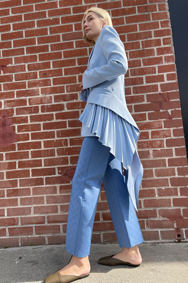 High Sport Julep pants. High Sport Julep pants French Blue. High Sport Julep pants light blue. High sport kick pants French Blue. High Sport kick pants light blue. High Sport Subtle Jacquard print blue. High Sport stretch viscose blue. High Sport NSFW. High sport NSFW french blue. NSFW light blue High Sport. High Sport Belt Loops. High sport NSFW Julep Pants. High Sport Des Kohan. High Sport Los Angeles Store. High Sport Julep Pants Des Kohan. High Sport Pants West Hollywood.High Sport Des Kohan French blue