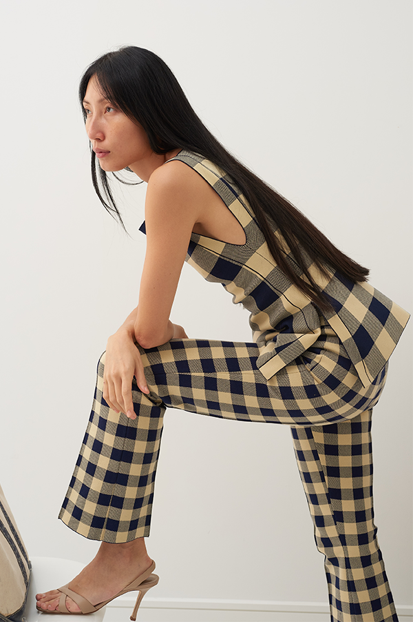 Kick Stretch-Cotton Pants in Gingham Navy Light Khaki
