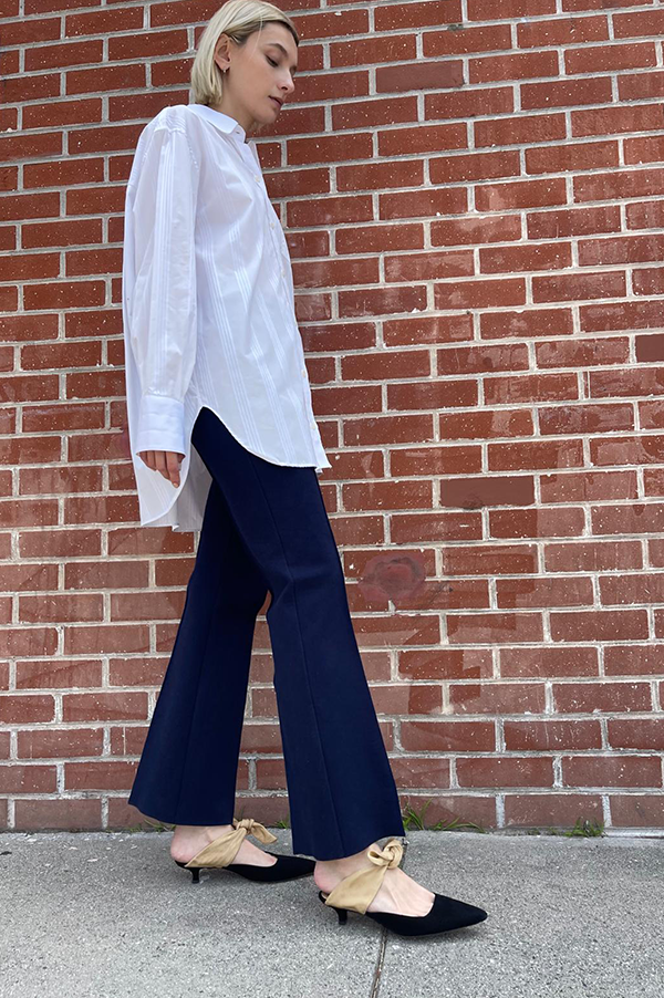 Long Kick Stretch-Cotton Pants in Subtle Jacquard Navy