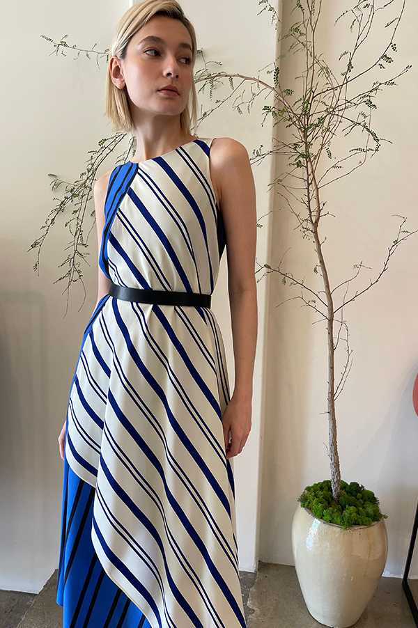 Danuwa Layered Sleeveless Dress in Blue Vanilla Marrone Stripes