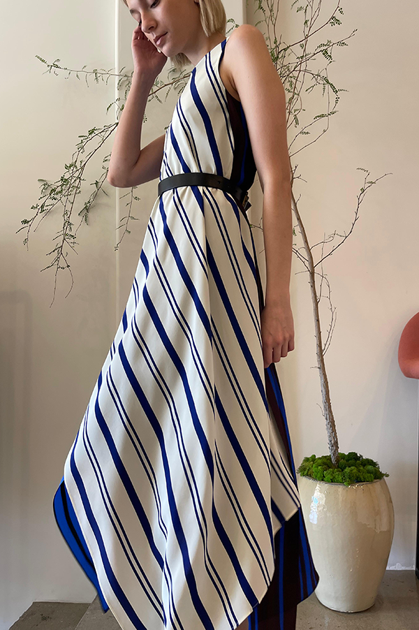 Danuwa Layered Sleeveless Dress in Blue Vanilla Marrone Stripes Des Kohan Danuwa Layered Sleeveless Dress in Blue Vanilla Marrone Stripes Des Kohan