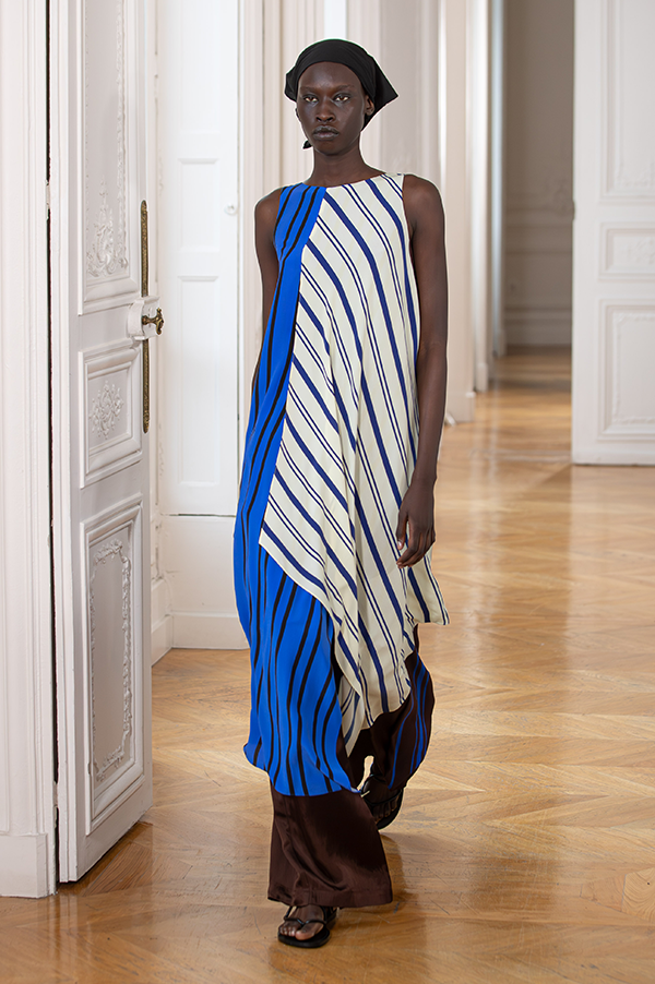 Danuwa Layered Sleeveless Dress in Blue Vanilla Marrone Stripes Des Kohan Danuwa Layered Sleeveless Dress in Blue Vanilla Marrone Stripes Des Kohan