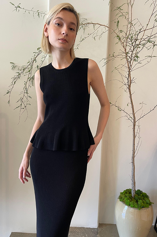 Liliana Double Layer Peplum Dress in Black Des Kohan Liliana Double Layer Peplum Dress in Black Des Kohan