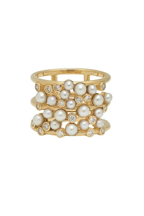 14k Yellow Gold Pearl and Diamond Cluster Ring