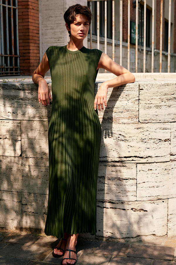 Pleated Sleeveless Dress in Green