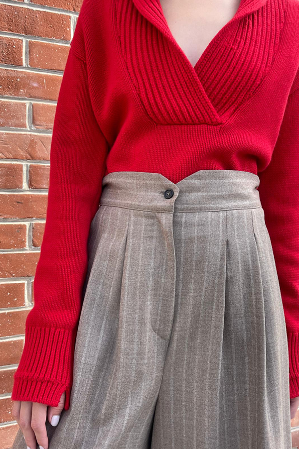 Maria McManus Shawl collar Sweater. Red Lacquer sweater. Red Apple Collar Sweater. Maria McManus Red Lacquer Sweater. Maria McManus apres 
