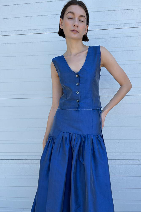 Thai silk garden skirt with slit in blue Chelsea Mak 