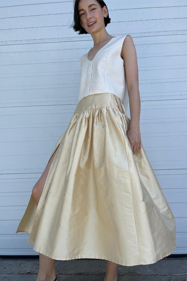 Thai silk garden skirt with slit in cream Chelsea Mak 