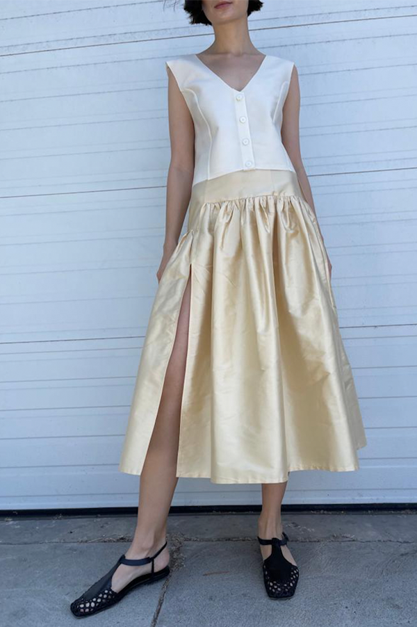 Thai silk garden skirt with slit in cream Chelsea Mak 