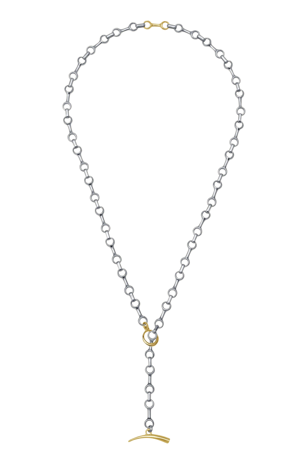 Two Tone 15MM Double Beam Chain Necklace with Tusk Clasp