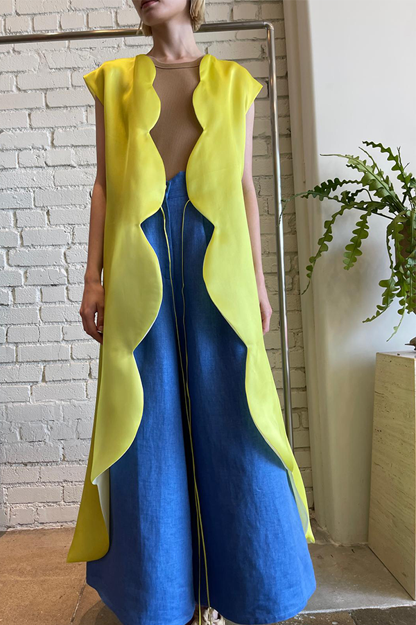 Scalloped Organza Wrap Dress in Neon Yellow Des Kohan Scalloped Organza Wrap Dress in Neon Yellow Des Kohan