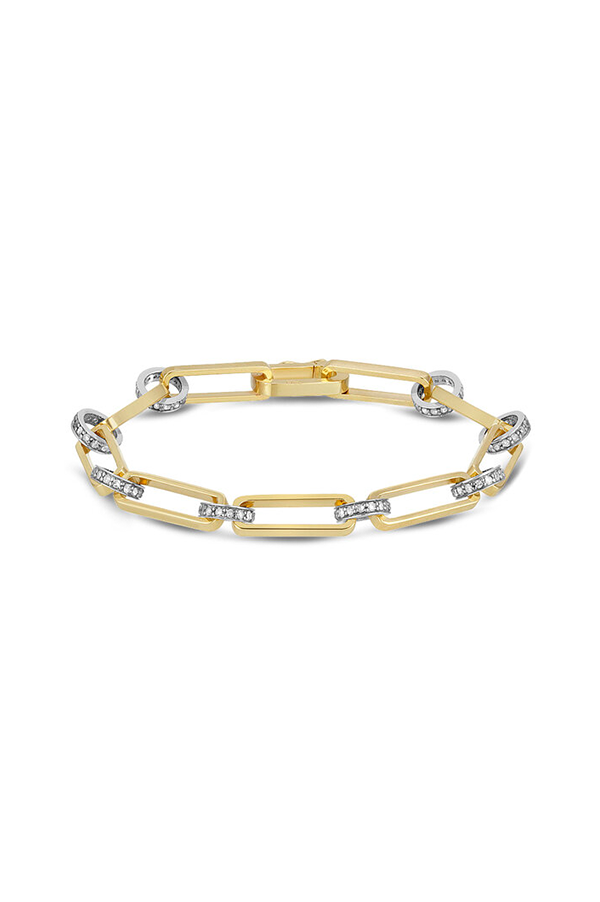 14K Yellow Gold Long Oval Link Bracelet with Silver and Diamond Rondelles