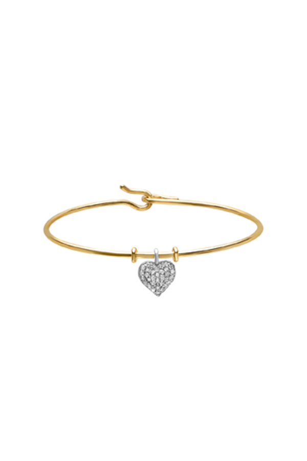 14K Yellow Gold Bangle with Double-Sided Diamond Heart Charm