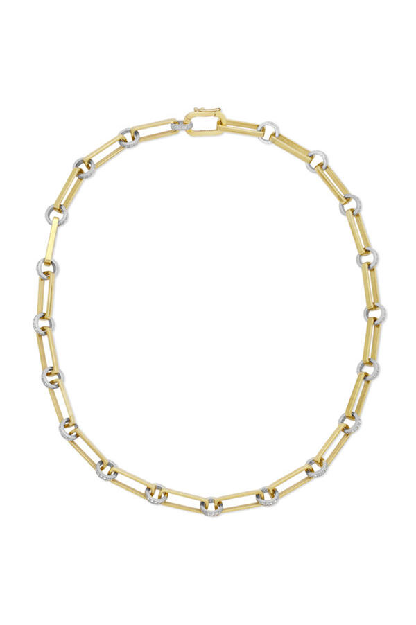 14K Yellow Gold Long Oval Link Necklace with Silver & White Diamond Rondelles